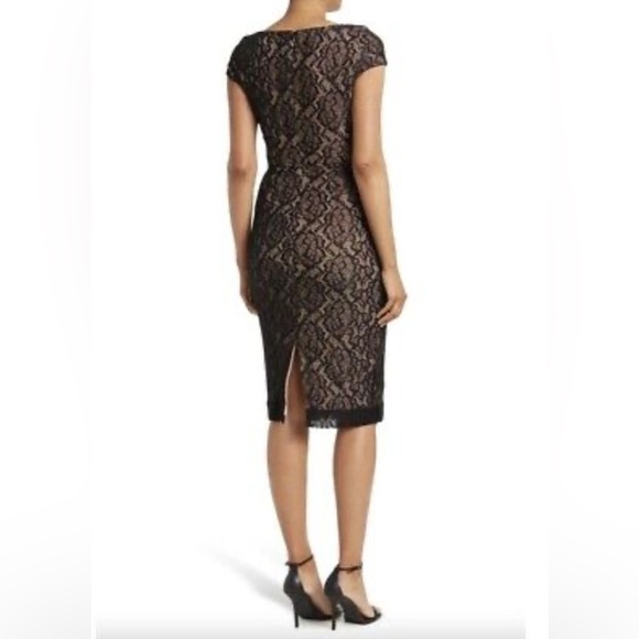 NEW Dress The Population Jaleah Cap Sleeve Faux Wrap Lace Dress in Black Nude S - Picture 2 of 12